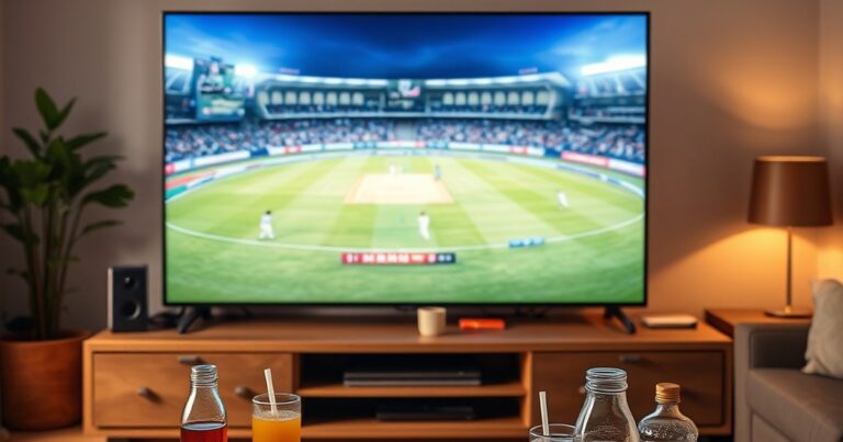 Live sports streaming on TV with Indian snacks and drinks