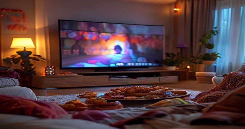 TV screen showing Indian channel with snacks for free live streaming