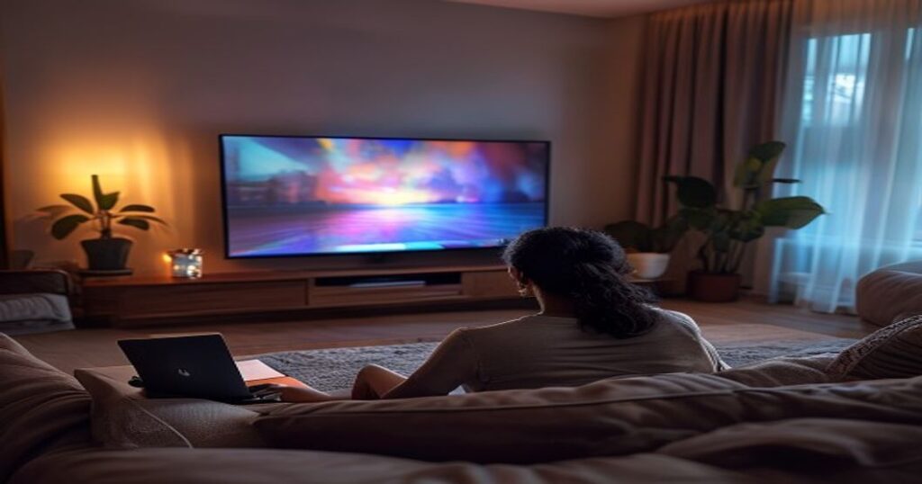 Person watching Indian TV on smart TV from the comfort of their home
