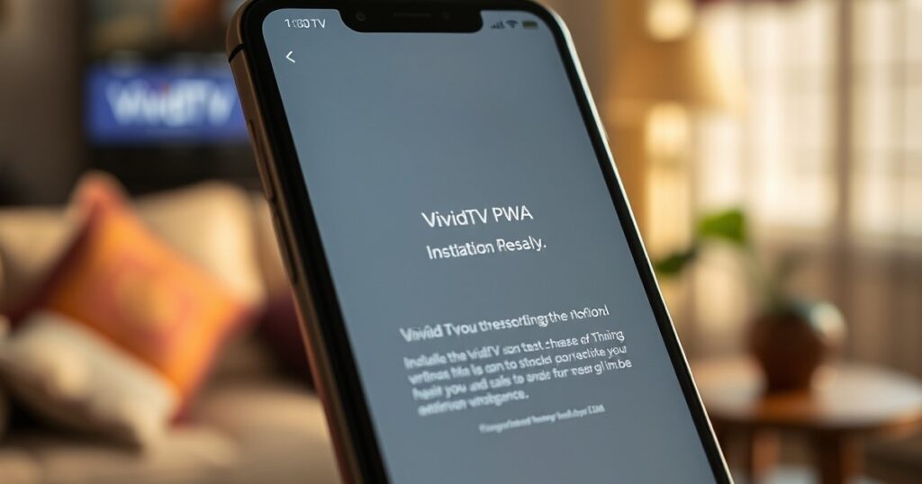 Smartphone screen with VividTV PWA installation prompt for easy streaming