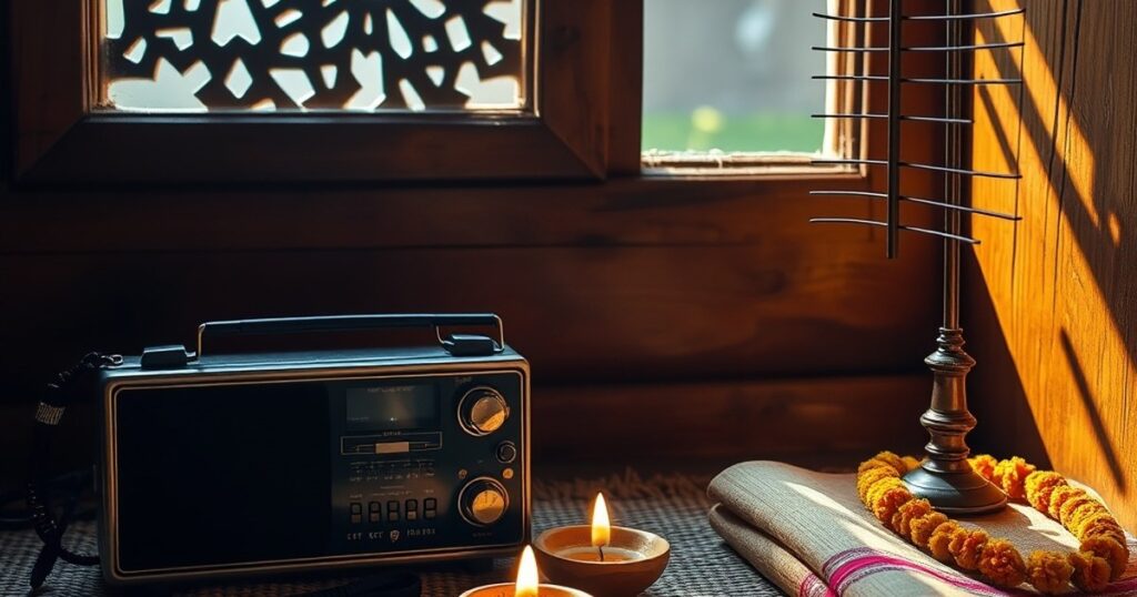 Vintage antenna and diya on jute mat representing free Indian channel list 2026