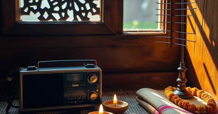 Vintage antenna and diya on jute mat representing free Indian channel list 2026