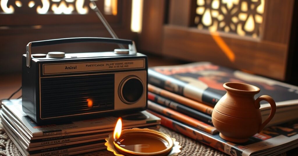 Vintage radio and Bollywood magazines on jute mat representing free Indian channels no subscription