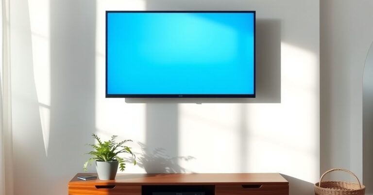 Wall-mounted smart TV in bright living room illustrating free live TV guide for smart TV