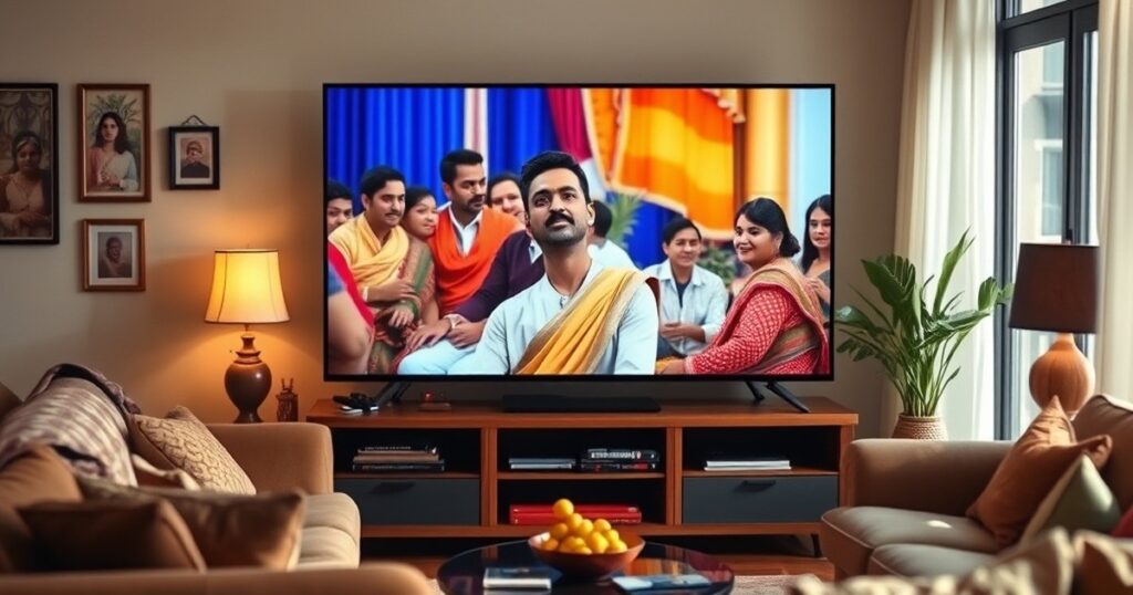 Indian TV show on screen in a living room with Indian decor