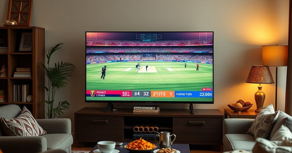 Indian TV channel live on a flat-screen TV with snacks and decorations