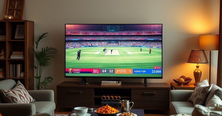 Indian TV channel live on a flat-screen TV with snacks and decorations
