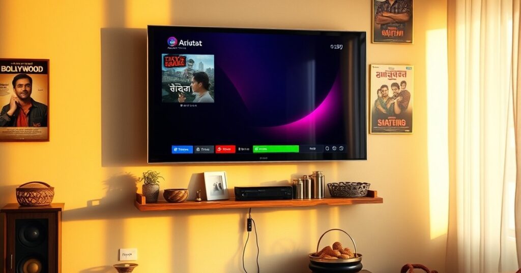 Indian TV channel on a large screen TV with Bollywood posters