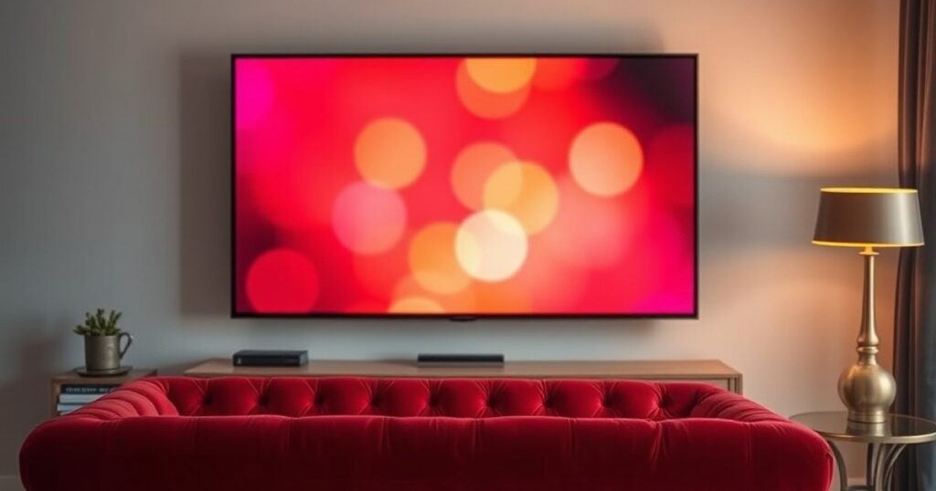 Living room sofa facing a glowing television to watch Indian reality shows live free