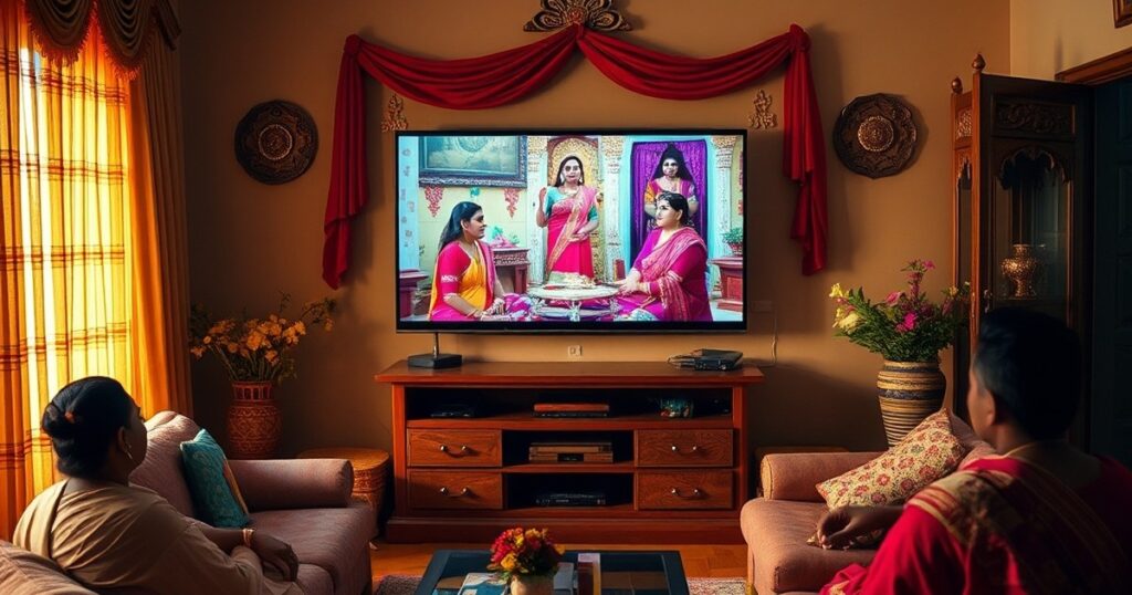 Indian living room with TV playing soap operas for free online streaming
