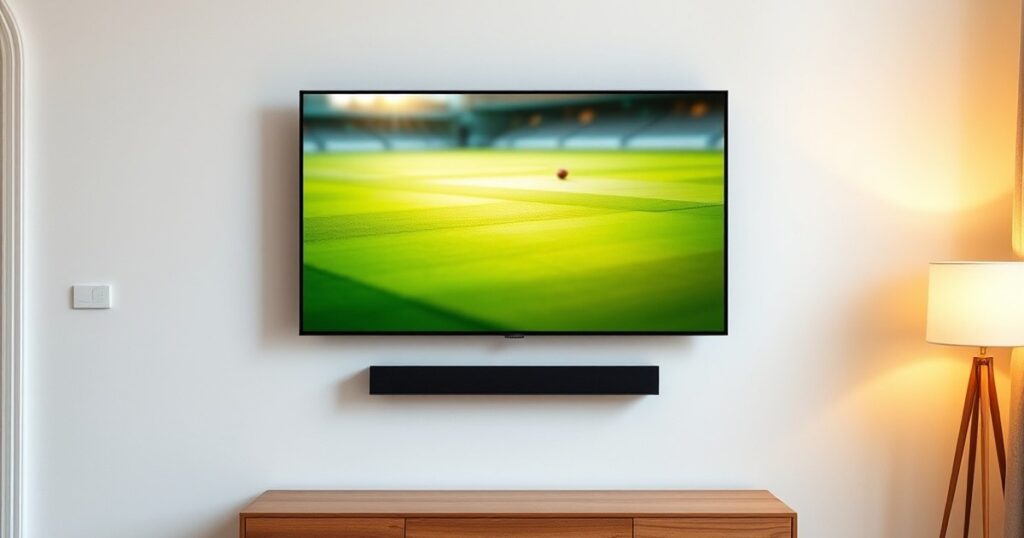 Smart TV on living-room wall glowing with cricket field colours for watching Indian sports free