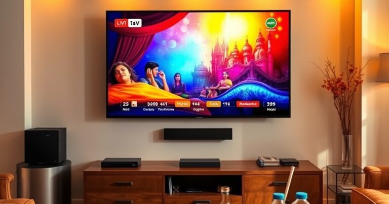 Indian TV channel on a large screen TV in a living room with snacks
