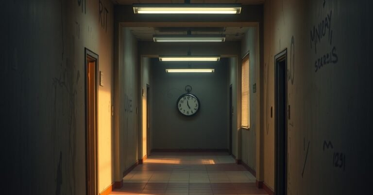 Dim abandoned corridor with wall clock illustrating 9 Hours web series ending explained reddit theories