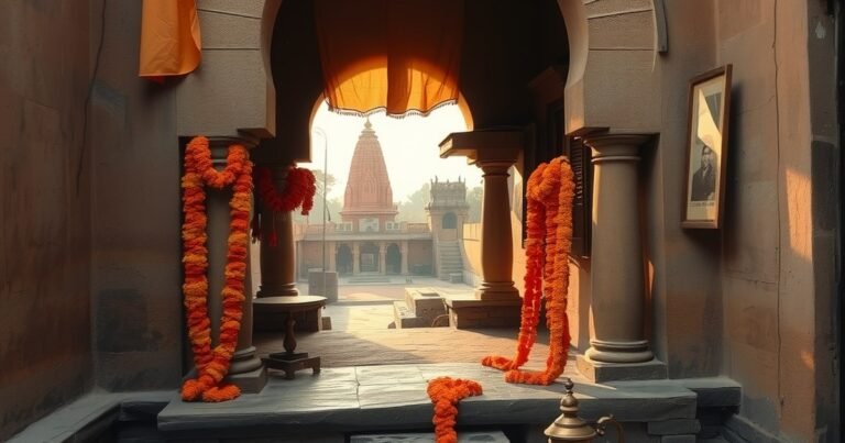 Saffron banners and marigolds in a rural ashram courtyard evoking Aashram web series cast setting