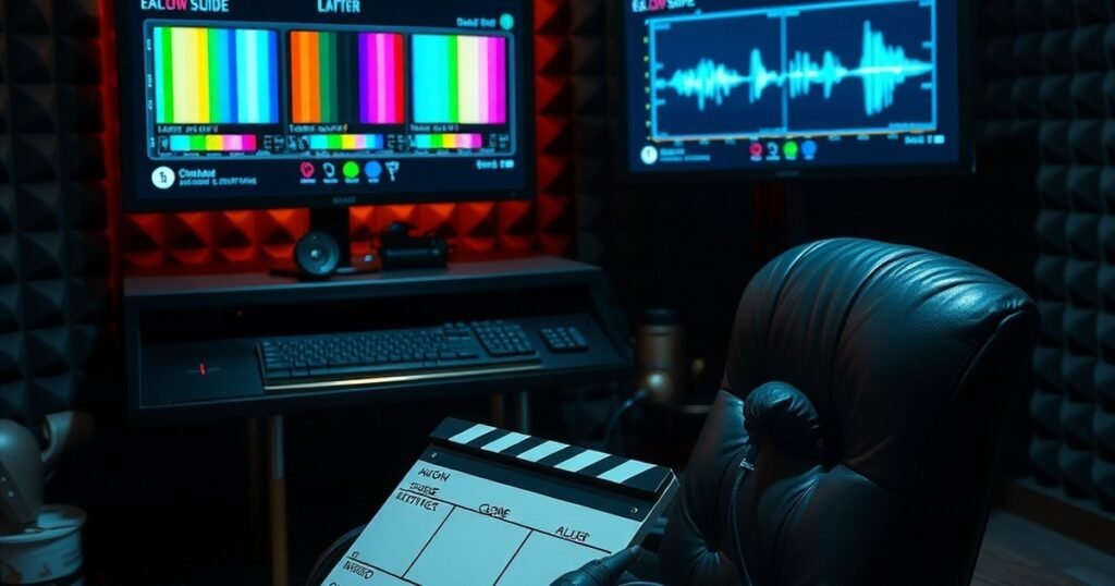Darkened post-production suite with monitors and clapperboard illustrating Amar Biswas web series ending explained