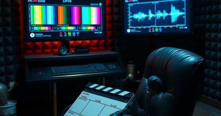 Darkened post-production suite with monitors and clapperboard illustrating Amar Biswas web series ending explained