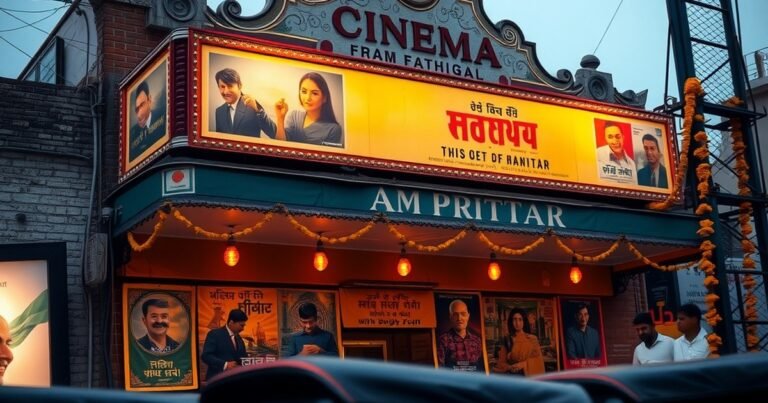 Vintage Punjabi cinema marquee at dusk showcasing best Punjabi movies web series 2026