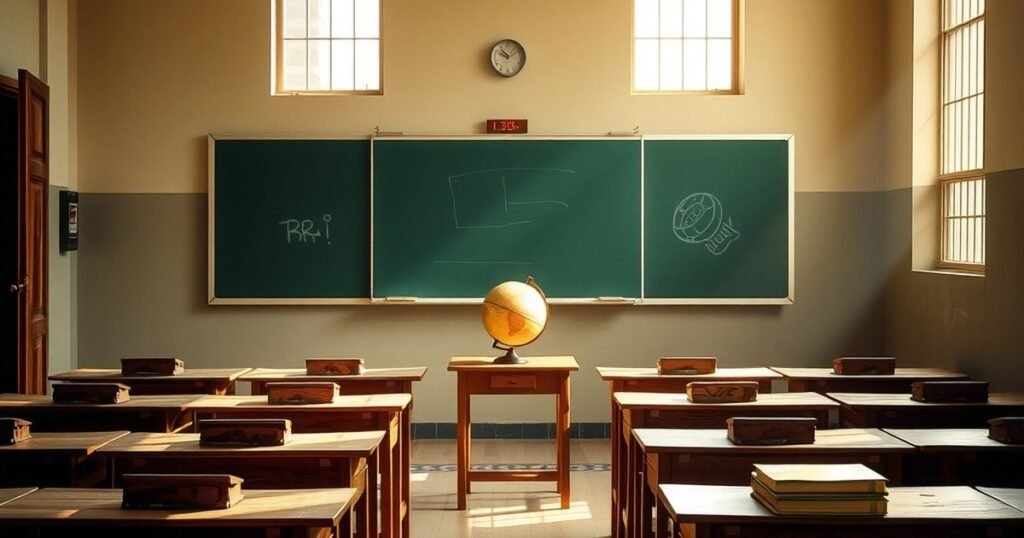 Empty Indian classroom with wooden desks and chalkboard evoking hindi web series about school