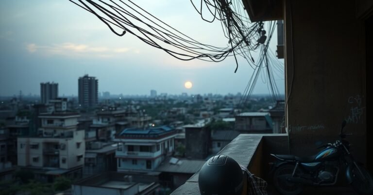 Mumbai rooftop at dusk evoking the gritty tone of Hindi web series action