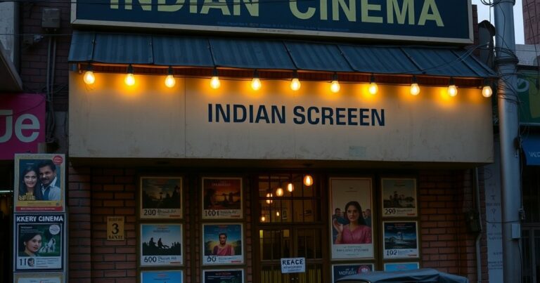Vintage Mumbai cinema marquee at dusk illustrating Manoj Bajpayee movies and web series list