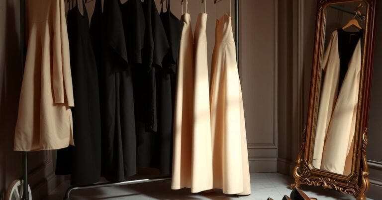 Couture garment rack and stilettos in a fashion atelier evoking movies like Devil Wears Prada