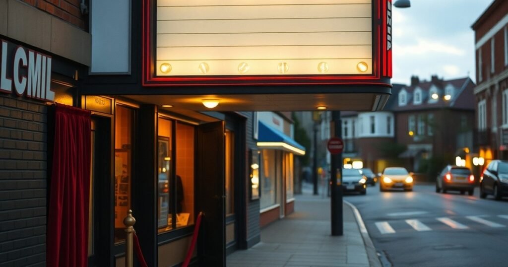Vintage cinema marquee at dusk evoking heartfelt movies like English Vinglish