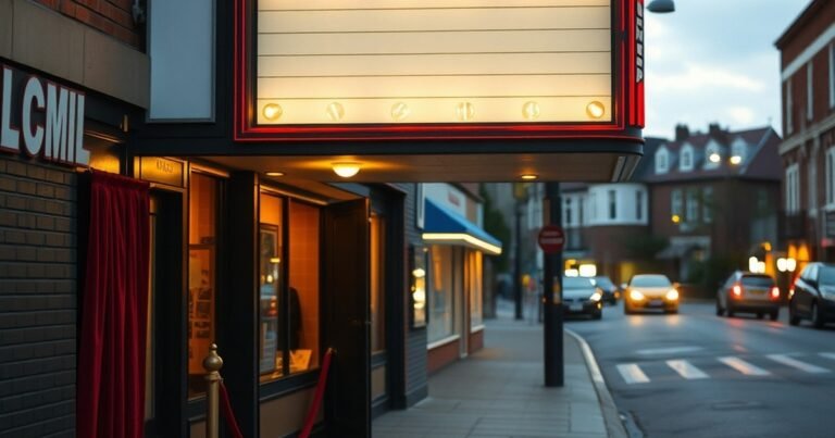 Vintage cinema marquee at dusk evoking heartfelt movies like English Vinglish