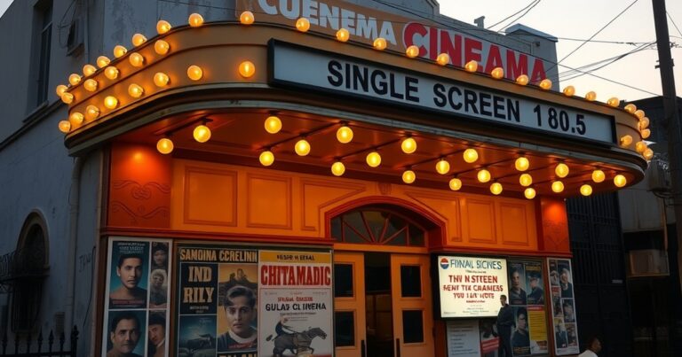 Vintage Mumbai cinema marquee at dusk illustrating Pankaj Tripathi filmography complete list