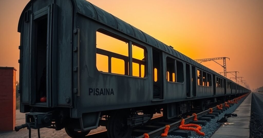 Burnt train carriage with marigold tribute illustrating Trial by Fire Netflix cast and true story